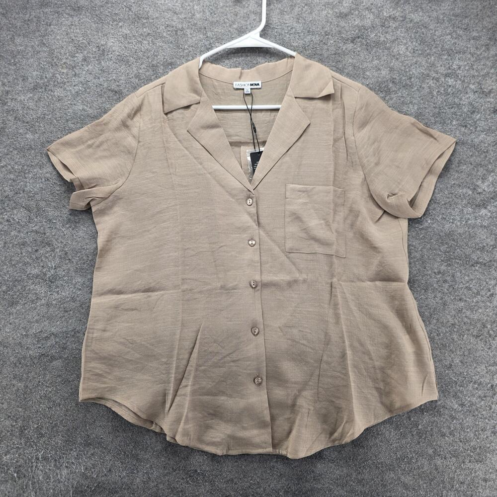 Fashion Nova Button-Up Womens L Beige Collared Short Sleeve Dawn Shirt